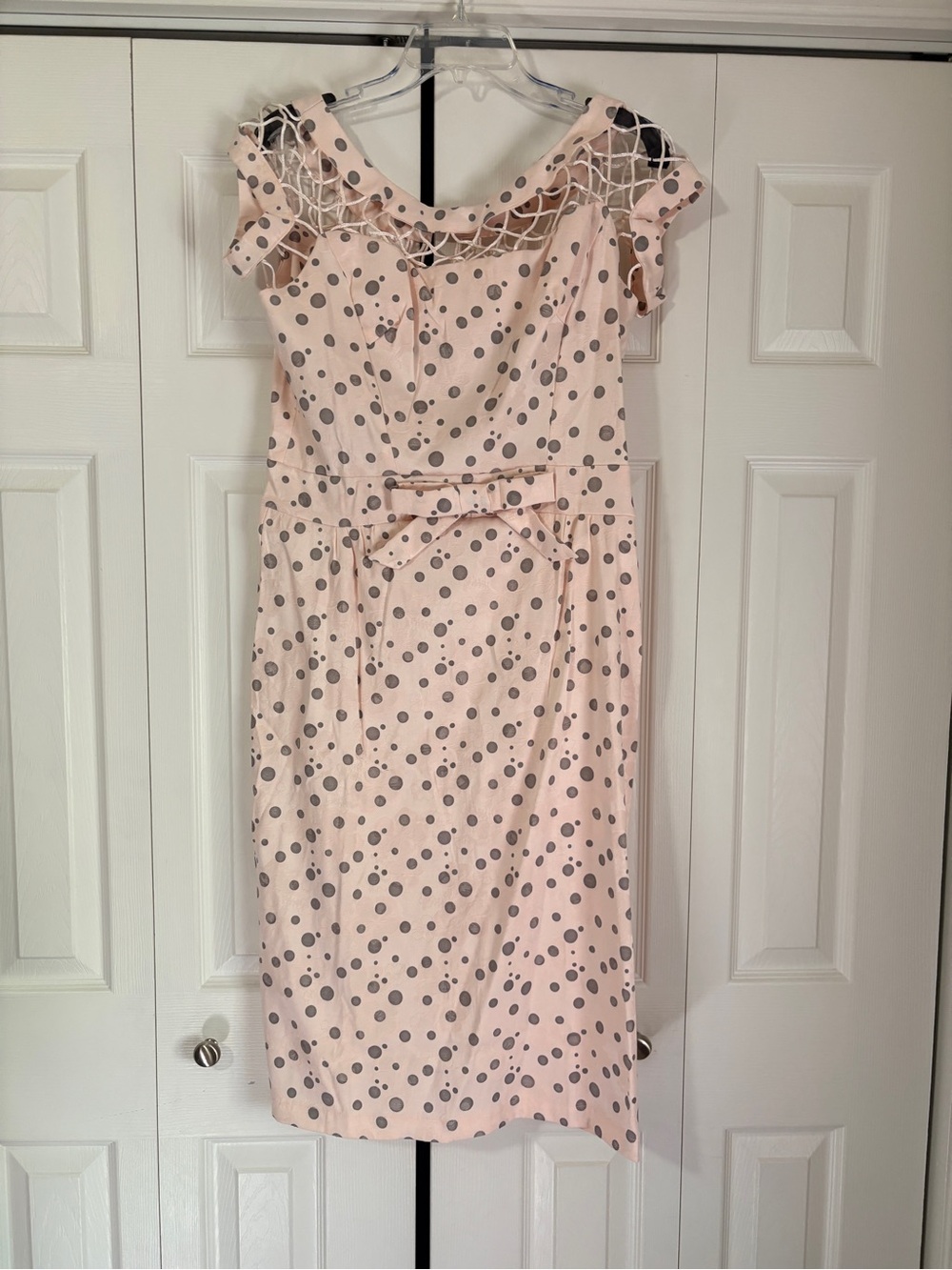 Tatyana Pink Polka Dot Midi Dress with Lace Yoke